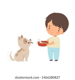 Cute Little Boy Feeding His Puppy, Adorable Kid Caring for Animal Cartoon Vector Illustration