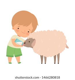 Cute Little Boy Feeding Lamb with Milk Bottle, Adorable Kid Caring for Animal at Farm Cartoon Vector Illustration