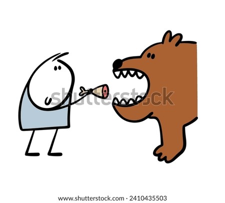 Cute little boy feeds a huge bear at the zoo Vector illustration of wild animal and  child  stickman. Pet eats meat for dinner. Character isolated on white background.