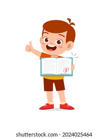 cute little boy feel happy because get good grade from exam