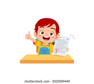 cute little boy feel happy because get good grade from exam