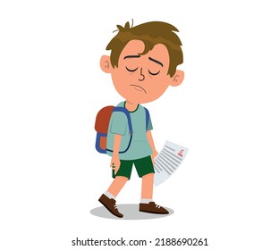 cute little boy feel sad because get bad grade from exam.