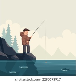 Cute little boy fisherman with fishing rod in hands to fish in water, summer leisure of young happy fisher character. Kids Summer Hobby, Leisure on Nature. Flat cartoon vector illustration