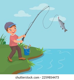 Cute little boy fishing at the river catching fishes