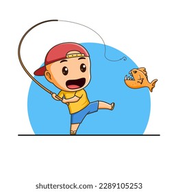 Cute Little Boy Fishing Vector Cartoon Illustration Icon Mascot. Cartoon Style.