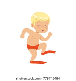 Cute little boy in flippers, kid playing at the beach, happy infants outdoor activity on summer vacations vector Illustration