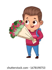 cute little boy with flowers bouquet character vector illustration design