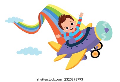 cute little boy flying airplane with rainbow flag vector illustration graphic design