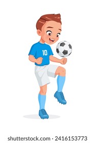 Cute little boy football player in blue white uniform kicking soccer ball with knee. Cartoon vector illustration isolated on white background.