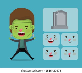 cute little boy with frankenstein costume and set icons