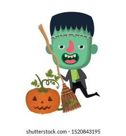 cute little boy with frankenstein costume and pumpkin