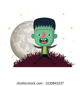 cute little boy with frankenstein costume in dark night scene