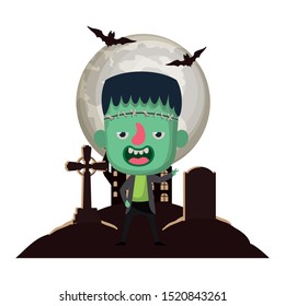 cute little boy with frankenstein costume in cemetery scene