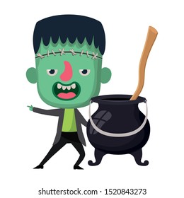 cute little boy with frankenstein costume and witch cauldron