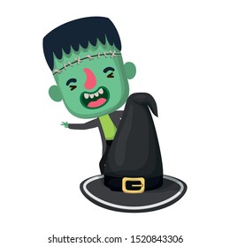 cute little boy with frankenstein costume and hat witch