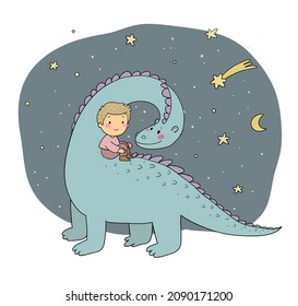 Cute little boy and funny dinosaur. The kid and the dragon. 