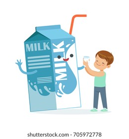 Cute little boy and funny milk carton box with smiling human face playing and having fun, healthy childrens food cartoon characters vector Illustration