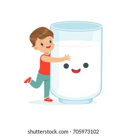 Cute little boy and funny milk glass with smiling human face playing and having fun, healthy childrens food cartoon characters vector Illustration svg