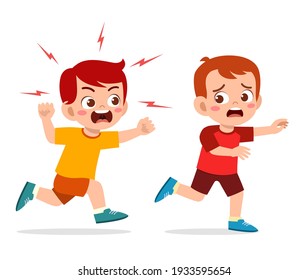 cute little boy get angry and chase scared friend