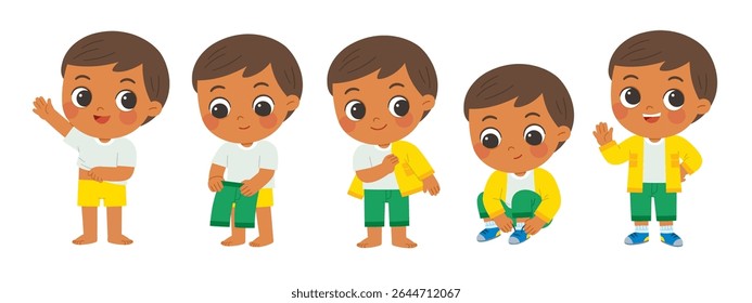 Cute little boy getting dressed step by step with happy smile in morning routine. Child learning to dress himself step by step, promoting independence and self-care skills.