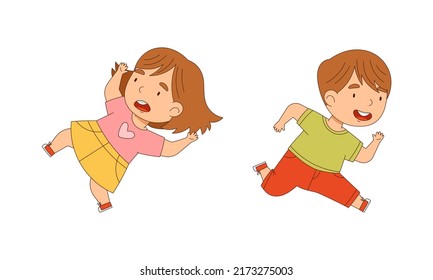 Cute little boy and gil slipping and running cartoon vector illustration