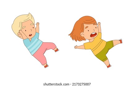 Cute little boy and gil slipping and falling down cartoon vector illustration