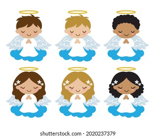 Cute little boy and girl angels on cloud vector illustration. Angels with brown and blonde hair. African American black angels vector.