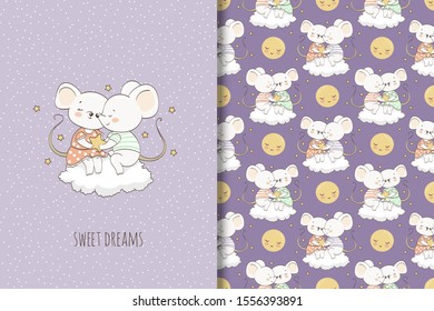 Cute little boy and girl babies sitting on the cloud and handling star in the sky among the stars and moon. Kids card print template and seamless background pattern set. Hand drawn design illustration