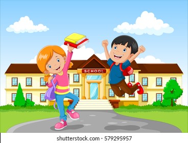 Cute little boy and girl with backpack and book on school building background