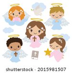 Cute little boy and girl baptism angels on the cloud praying and holding a cross and a star vector illustration.