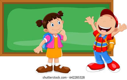Cute little boy and girl with blackboard