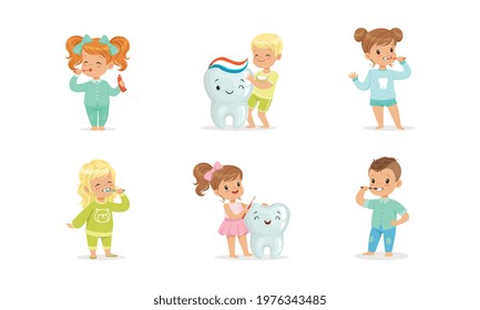 Cute Little Boy and Girl Brushing Teeth with Toothpaste and Toothbrush Vector Set