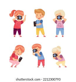 Cute Little Boy and Girl with Camera and Smartphone Taking Photo Vector Set
