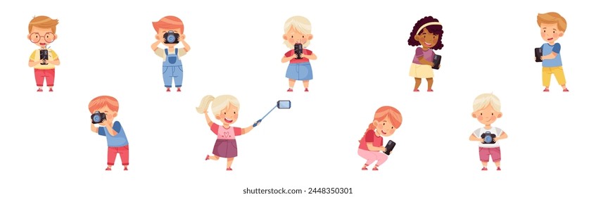 Cute Little Boy and Girl with Camera Taking Photo Vector Set