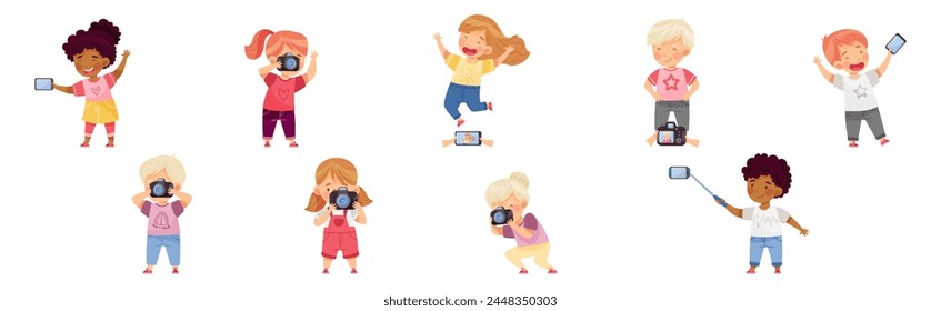 Cute Little Boy and Girl with Camera Taking Photo Vector Set