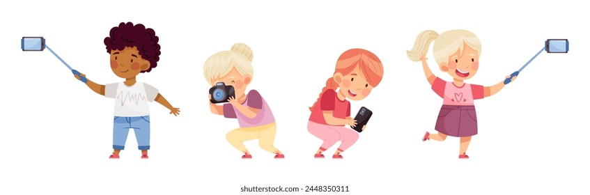 Cute Little Boy and Girl with Camera Taking Photo Vector Set