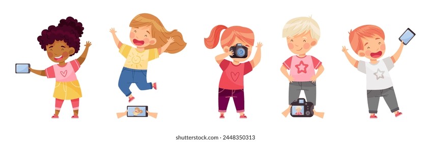 Cute Little Boy and Girl with Camera Taking Photo Vector Set