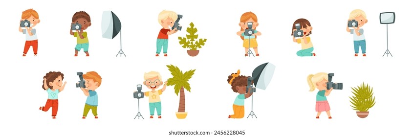 Cute Little Boy and Girl with Camera Taking Photograph Vector Set