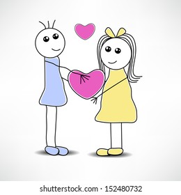 Cute little boy and girl cartoon making love on abstract grey background.