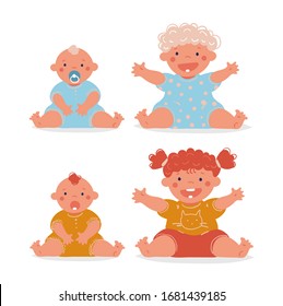 Cute little boy and girl. Cartoon character growth at several ages, newborn, baby, toddler. The periods of development of the child. Vector illustration isolated on white