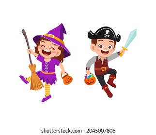 cute little boy and girl celebrate halloween with friend