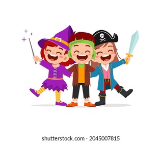 cute little boy and girl celebrate halloween with friend