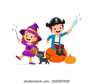 cute little boy and girl celebrate halloween with friend