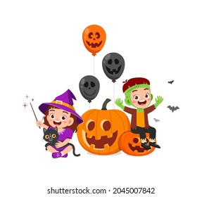 cute little boy and girl celebrate halloween with friend