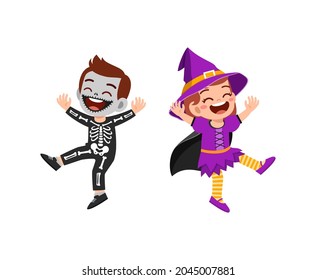 cute little boy and girl celebrate halloween with friend