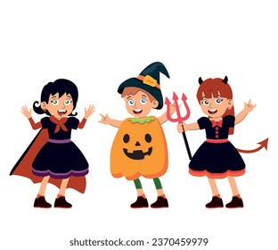 cute little boy and girl celebrate halloween with friend.