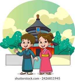 Cute little boy and girl couple in national costume of Japan. Cartoon children in traditional Japan clothes. Japanese national costume Vector illustration.