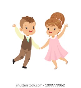 Cute little boy and girl dancing in retro elegant clothes vector Illustration on a white background