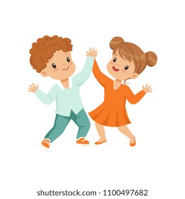 Cute little boy and girl dancing holding hands vector Illustration on a white background