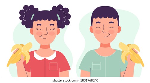 Cute little boy and girl eating banana. Healthy food concept, healthy snack. Fruits, vitamins for children. Flat vector isolated illustration on white background